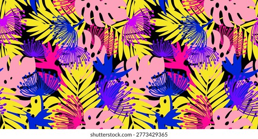 neon tropical seamless pattern with monstera leaves and exotic flowers on black background bold clashing colors for summer textile design