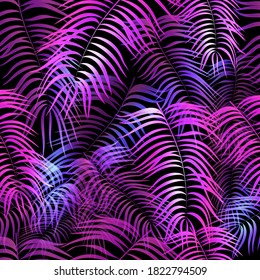 Neon tropical seamless pattern  with  palm leaves.Summer night vector illustration.
