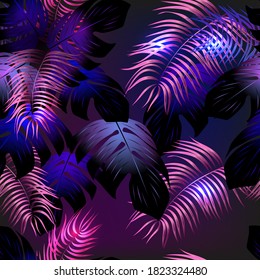 Neon tropical seamless pattern  with  palm leaves.Summer night vector illustration.
