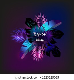 Neon tropical seamless pattern  with  palm leaves.Summer night vector illustration.

