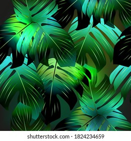 Neon tropical seamless pattern  with  palm leaves.Summer night vector illustration.
