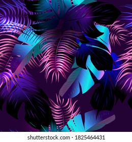 Neon tropical seamless pattern  with  palm leaves.Summer night vector illustration.
