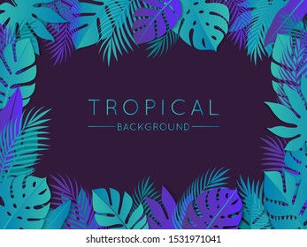 Neon Tropical Summer Background with Exotic Palm Plants and Leaves. Vector Paper Art Floral Illustration for Use in Design