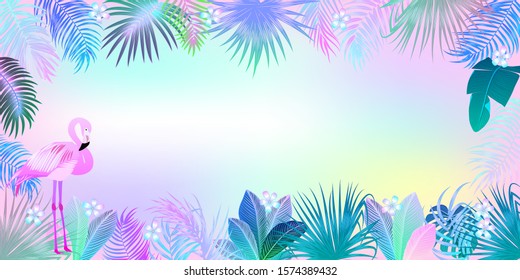 Neon tropical vector banner of flamingo, monstera, flowers, tropical leaves of palm tree in fluorescent violet, pink, blue, yellow and green colors. Jungle background, frame with copy space.