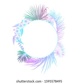 Neon tropical vector frame with monstera, flowers, tropical leaves of palm tree in fluorescent violet, pink, blue, yellow and green colors. Jungle frame with copy space.
