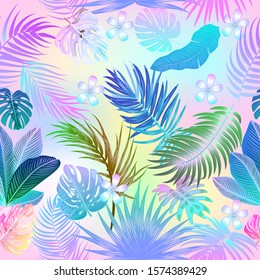 Neon tropical vector seamless pattern of monstera, flowers, tropical leaves of palm tree in fluorescent violet, pink, blue, yellow and green colors.