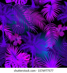 Neon tropical vector seamless pattern of monstera, flowers, tropical leaves of palm tree in fluorescent violet, pink  colors.