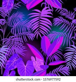 Neon tropical vector seamless pattern of monstera, flowers, tropical leaves of palm tree in fluorescent violet, pink and green colors.