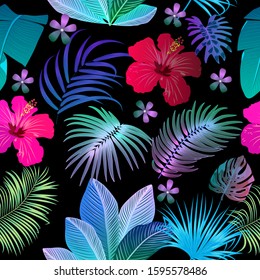 Neon tropical vector seamless pattern of monstera, flowers, tropical leaves of palm tree in fluorescent violet, pink, blue, yellow and green colors.