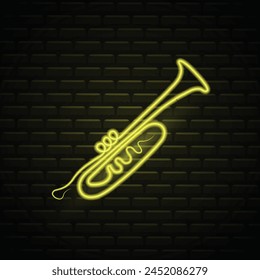 Neon trumpet. Colorful glowing of vector illustration. Music Promotion. Trumpet Neon Sign. Neon line icon. Entertainment and karaoke music icon. Musical instrument. Isolated on brick wall background.
