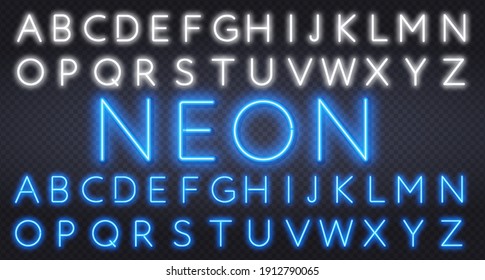 Neon Tube Alphabet Font. Blue And White Color Type Letters. Vector Typography For Headlines, Posters, Etc.