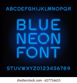 Neon Tube Alphabet Font. Blue Color Type Letters And Numbers. Vector Typography For Headlines, Posters, Etc.