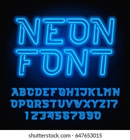 Neon Tube Alphabet Font. Blue Color Oblique Type Letters And Numbers. Vector Typography For Headlines, Posters, Etc.