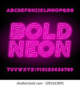 Neon tube alphabet font. Neon color bold letters, numbers and symbols. Stock vector typeface for your design.