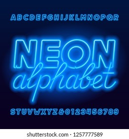 Neon tube alphabet font. Neon color uppercase bold letters and numbers. Stock vector typescript for your design.
