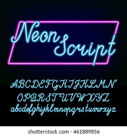 Neon Tube Alphabet Font. Hand Drawn Script Type Letters And Numbers On A Dark Background. Vector Typeface For Labels, Titles, Posters Etc.