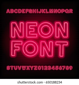 Neon Tube Alphabet Font. Red Color Type Letters And Numbers. Vector Typeface For Headlines, Posters, Etc.