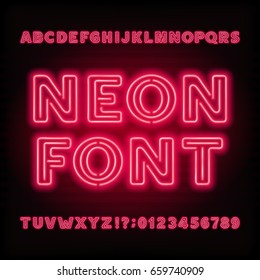 Neon Tube Alphabet Font. Red Color Bold Type Letters And Numbers. Vector Typeface For Headlines, Posters, Etc.