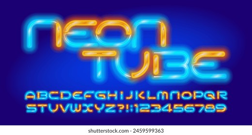 Neon Tube Alphabet Schriftart. Zwei neonfarbene futuristische Buchstaben und Zahlen. Stock Vektorgrafik TypeScript für Ihr Design.