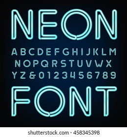 Neon tube alphabet font. Type letters and numbers on a dark background. Vector typeface for labels, titles, posters etc.