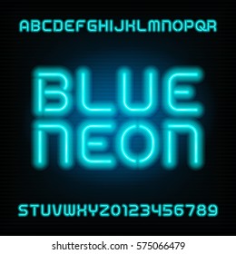 Neon tube alphabet font. Type letters and numbers. Blue color on a dark background. Vector typeface for your design.