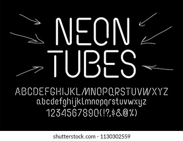 Neon tube font, uppercase and lowercase typography, numerals and symbols, soft and light minimalistic stencil letters for neon signs and advertising boards