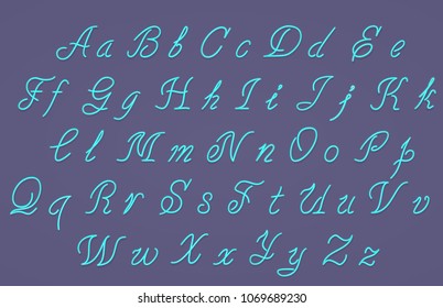 Neon tube hand drawn alphabet font. Script type letters on a dark background. Vector typeface for labels, titles, posters etc.