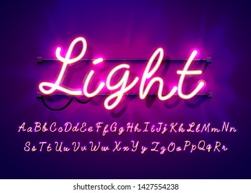 Neon tube hand drawn alphabet font. Script type letters on a dark background. Vector typeface for labels, titles or posters. Vector illustration