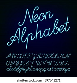 Neon Tube Hand Drawn Alphabet Font. Script Type Letters On A Dark Background. Vector Typeface For Labels, Titles, Posters Etc.