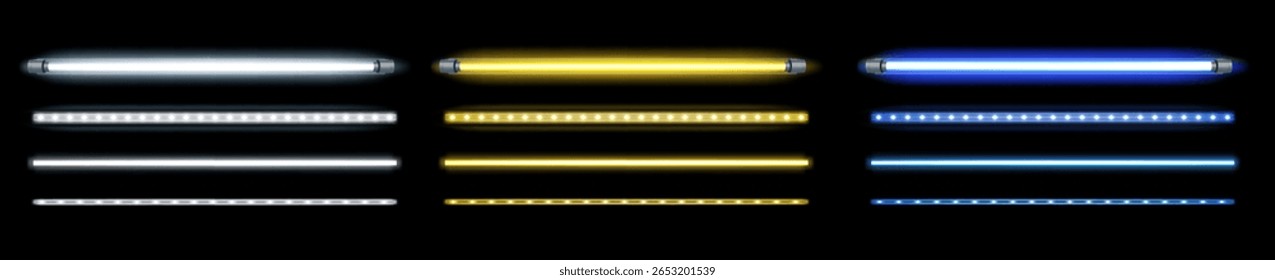 Lâmpada de tubo de néon. Fluorescente levou luz branca, azul e amarela. Lâmpada elétrica horizontal brilhante da faixa, iluminação brilhante, equipamento industrial. Conjunto de vetores 3D realista.