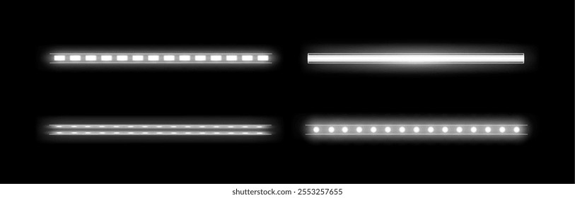 Lâmpada de tubo de néon, conjunto isolado de tiras elétricas horizontais realistas para o interior da casa, barra ou pub. Coleção vetorial de barras de luz conduzidas fluorescentes neutras. Iluminação do espaço com faixas LED