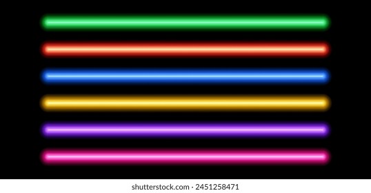 Neon tube lamp set. Glowing led light line beam collection. Bright luminous fluorescent bar stick lines. Shining colorful strip element pack to divide, separate, decorate. Vector illustration