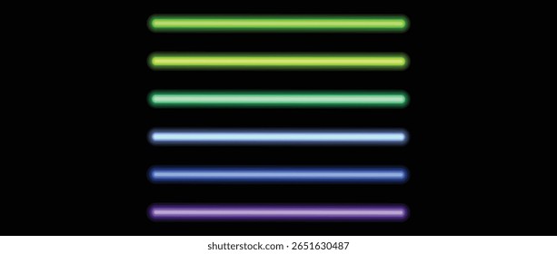 Lâmpada de tubo de néon. Brilhante levou coleção de feixe de linha de luz. Linhas luminosas brilhantes da barra fluorescente. Brilhante pacote de elementos de tira colorido para dividir, separar, decorar. Vetor