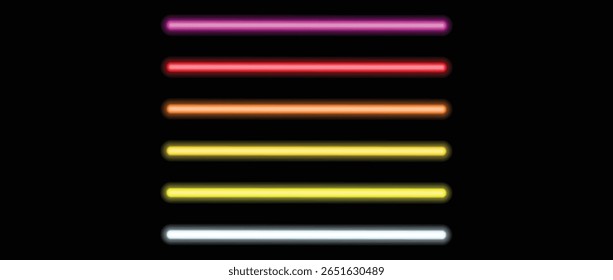 Neon tube lamp set. Glowing led light line beam collection. Bright luminous fluorescent bar stick lines. Shining colorful strip element pack to divide, separate, decorate. Vector