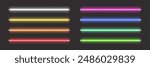 Neon tube lamp in white, yellow, red, pink, blue and green colors. Vector night realistic electric stripes fluorescent led light bar collection isolated on transparent background.