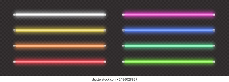 Neon tube lamp in white, yellow, red, pink, blue and green colors. Vector night realistic electric stripes fluorescent led light bar collection isolated on transparent background.