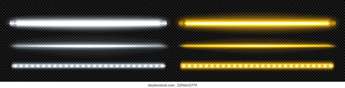 Neon tube lamp in yellow and white for party border design. Vector fluorescent led light bar isolated on transparent background. Night realistic electric stripe casino illumination graphic pack - Shutterstock ID 2296613779