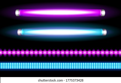 Lámparas de tubo de neón y tiras de plomo, lámparas de luz azul y violeta de gran luminiscencia para la discoteca o carteles de barras, iluminación fluorescente. Elementos brillantes halógenos, conjunto de ilustraciones vectoriales 3d realistas