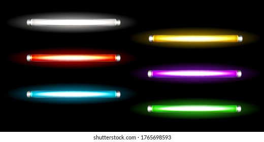 Neon tube lamps, long luminescence fluorescent multicolored bulbs, light for night club, advertising or signboards, artificial lighting. Halogen glowing elements, Realistic 3d vector illustration set