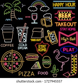 Neon tube style illustration of drink and food and tropical image.
Black background.