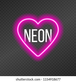Neon tubes in the shape of a heart isolated on a dark transparency grid.