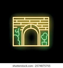 Neon tunnel entrance glowing icon illustration with brick wall and plants