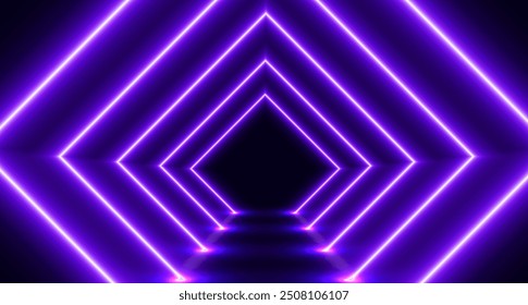 Neon tunnel, futuristic room with led corridor, glowing rhombus modern background. Vector illustration.