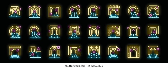 Neon tunnel icons representing various tunnel entrances and exits, some with fireworks exploding nearby, symbolizing grand openings or celebrations