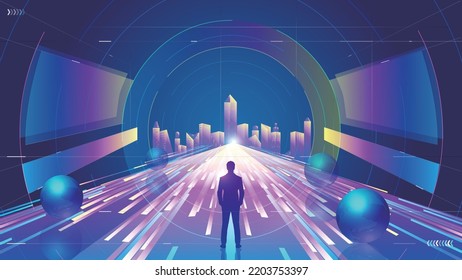 Neon tunnel leading to future city futuristic technology space background