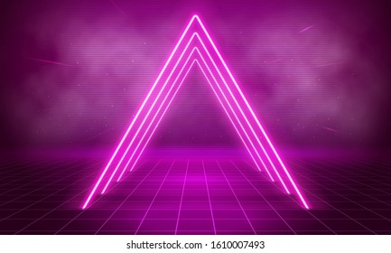 Neon tunnel. Portal with light effects. Retro abstract background. Futuristic landscape. Vector illustration.