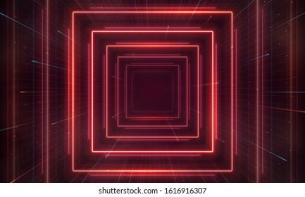 Neon tunnel. Portal with light effects. Retro abstract background. Vector illustration.