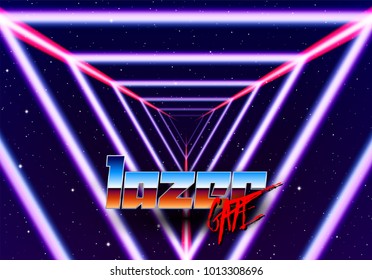 Neon tunnel in space with 80s styled lazer lines for futuristic poster or flyer. Gate with stars and fantastic glowing road