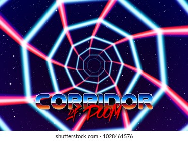 Neon tunnel in space with 80s styled lazer lines for futuristic poster or flyer. Gate with stars and fantastic glowing road