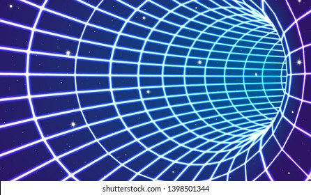 Neon tunnel in space with 80s styled lazer lines for futuristic poster or flyer. Gate with stars and fantastic glowing road